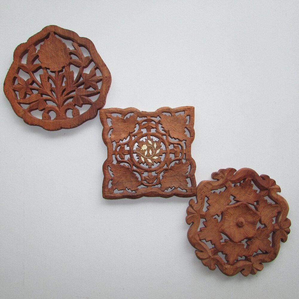 3 Hand Carved Wooden Trivets - India